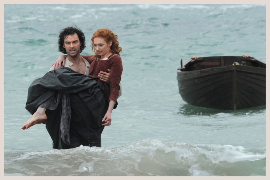 Ross and Demelza Poldark coming out of the sea together.